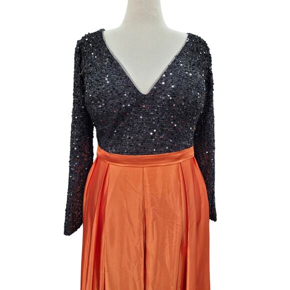 NWT Black Orange Long Sleeve Sequin Gown Size 20 - Picture 2 of 13